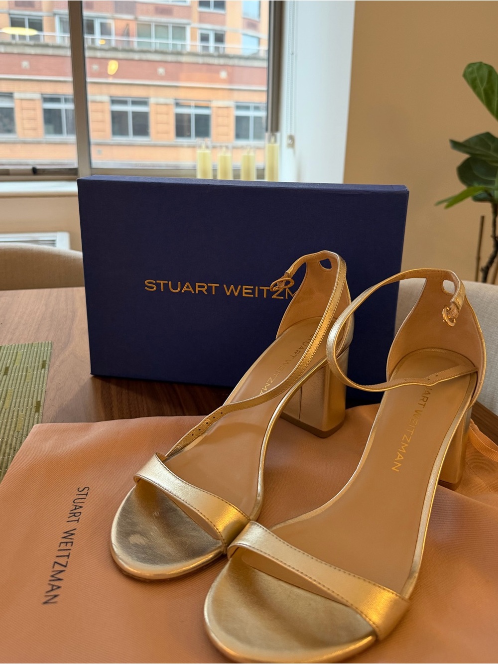 Stuart Weitzman Metallic Gold Strap Block Heel Sandals